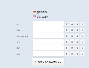 Captura de ecrã de exercícios de conjugação
